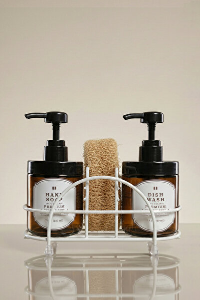 Kloppenhug Set of 2 Amber Glass Soap Dispensers with Metal Stands 220ml - Dis...