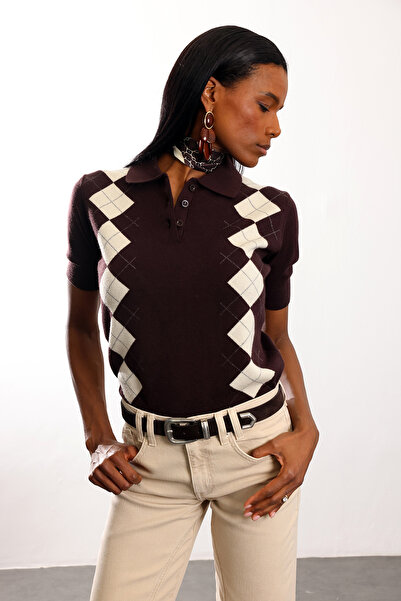 5in1Canpolat Brown Diamond Patterned Polo Neck Knitwear