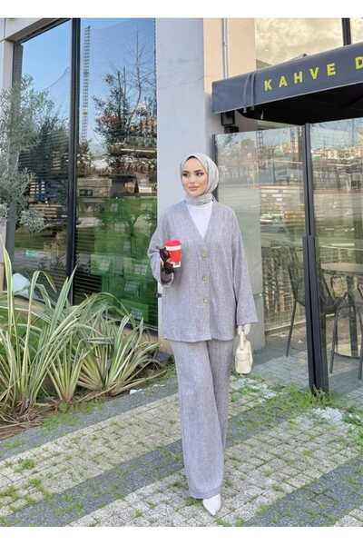 Bluezade Kadın V Yaka Rahat Kesim Düğmeli Alt-Üst Takım