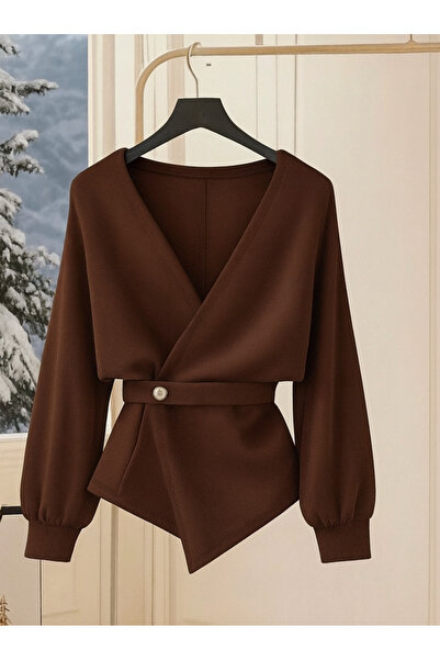 TESY Bağlama Detaylı Tek Düğmeli Rahat Kalıp Bluz