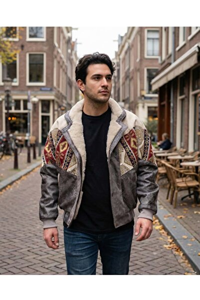 CANMODA (7837) Recien Unisex Fur Collar Vintage Aztec Jacket Oversize 90S Coa...