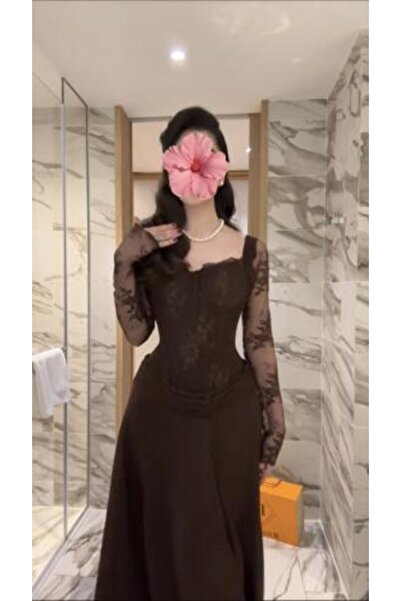 genernic Soft Brown Dress with Lace Sleeves