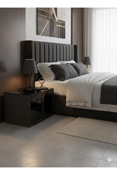 BİAVİZE Smoked Fabric Headboard with Chrome Lampshade