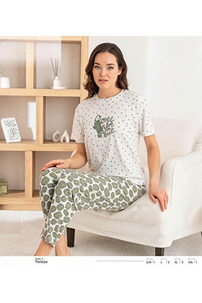 İpek Women's Short Sleeve Crew Neck Cactus Pattern Modal Ribbed Pajama Set