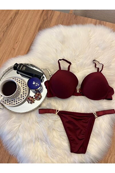 ohminishe Bordo V Model Destekli Seksi Sütyen Külot Takım