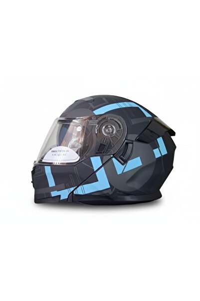 Casque Mat Siyah Mavi Grafik Desenli Çene Açılır Motosiklet Kaskı Ece Belgeli