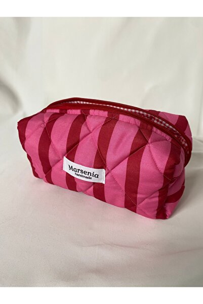 MARSENİA Kırmızı Pembe Çizgili Makyaj Çantası Büyük Boy