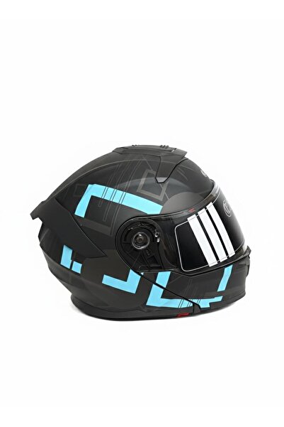 Casque Mat Siyah Mavi Grafik Desenli Çene Açılır Motosiklet Kaskı Ece Belgeli