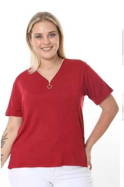 LAVRE V-Neck Zipper Detail Viscosa Plus Size T-Shirt