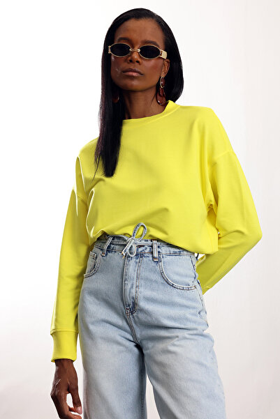 5in1Canpolat Yellow Crew Neck Basic Sweatshirt 9002