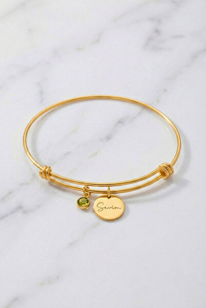 SEZNİ JEWELRY Kişiye Özel İsimli Disk ve Doğum Taşı Minimal Gümüş Bileklik