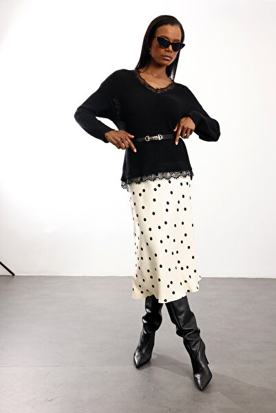 5in1Canpolat Cream Polka Dot Patterned Satin Skirt 18165