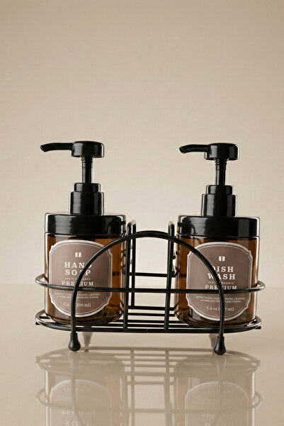 Kloppenhug Metal Stantlı 2'li Amber Cam Sabunluk Seti 220ml - Bulaşık Deterja...