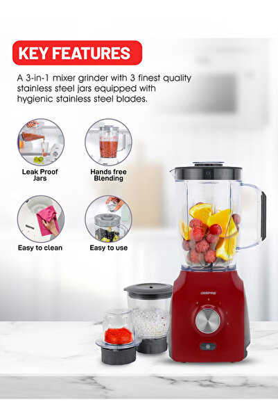 Geepas 3-In-1 Blender - Stainless Steel Blades, Turbo Button For Ice Crushing...