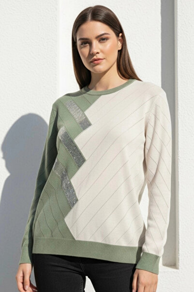 Bİ.GİYSEN Women's chagla green crew neck front diagonal stone cashmere knit s...