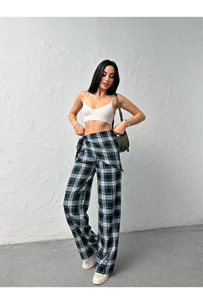 ASEDE Bersh Model Plaid Pattern Waist Scarf Detailed Trousers