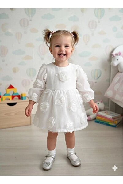 BİLGEN Style Girl's Dress Long Sleeve Rose Detailed Bow Party Prom Wedding