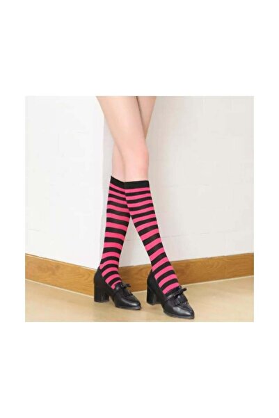 harmony factory Черни с розови ивици до коляното чорапи за жени Готик Y2K Пънк