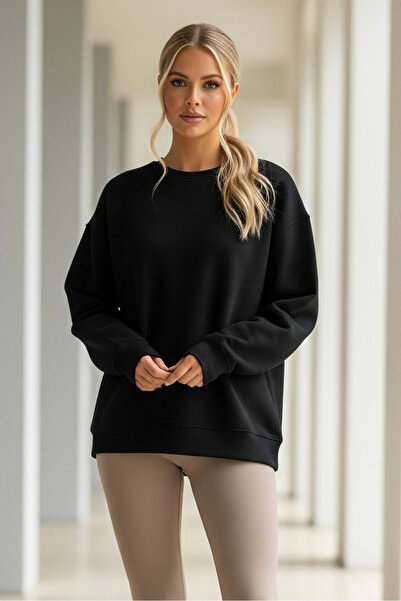 milidia Women's Oversize Crew Neck Basic Sweatshirt Black