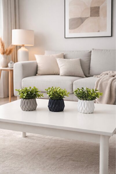 Çiçek 3 lü modern saksıda yapay bitki şöleni