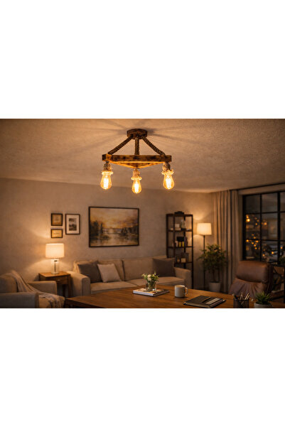 Auro home Ahşap Tavan Avizesi 3’lü Rustik Halatlı Sarkıt Lamba – Salon, Mutfa...