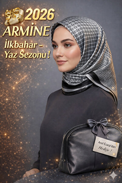 Armine 100% Sura Pure Silk Gray - Black Colored Scarf 90X90 New Season 2026 S...