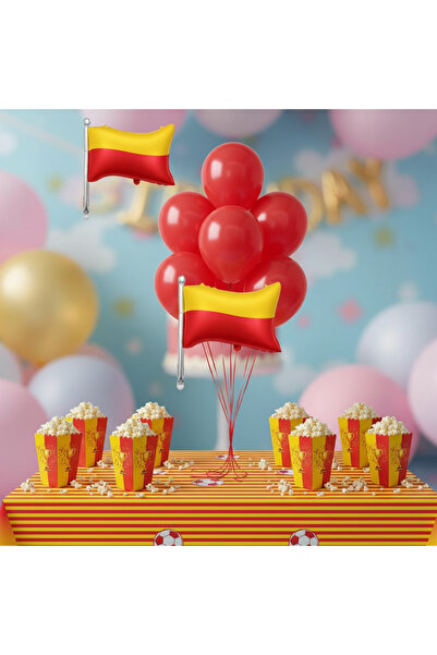 Umamiçe Yellow Red Party Set – 10 Red Balloons + 8-Piece Corn Box + Foil Ball...