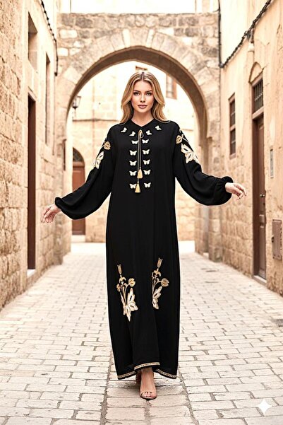 MODANI SEÇ Siyah Sıfır Yaka Balon Kollu Otantik Nakışlı Uzun Elbise