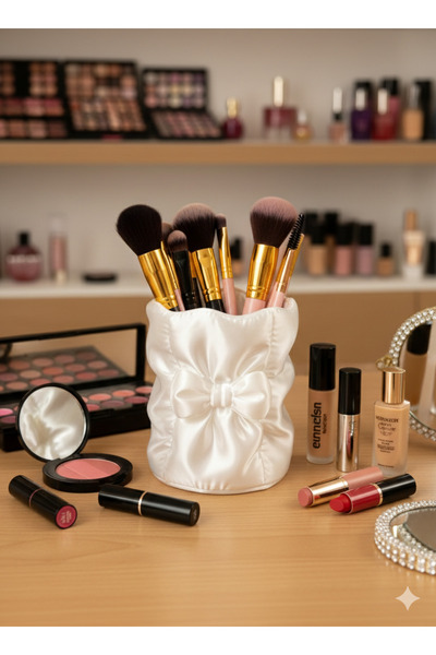 KSTECH Satin Look Bowknot Makeup Brush Organizer – Stylish and Decorative Bru...