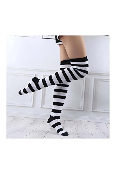 harmony factory Black Knee Socks with White Stripes Women Gothic Y2K Punk