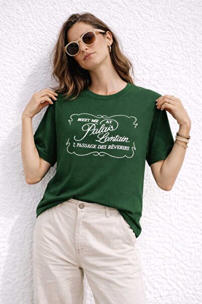 Female Clothing T-Shirt Green Printed Oversize