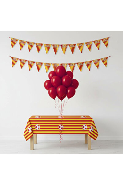 Umamiçe Yellow Red Party Set – 10 Red Balloons + Streamer + Tablecloth