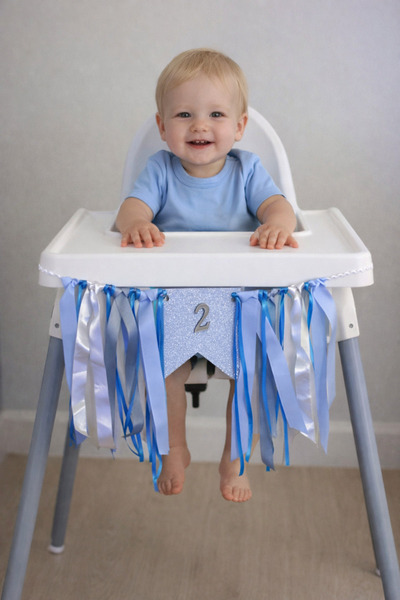 Minia 2 Yaş Doğum Günü Mama Sandalyesi Süsü – Mavi Gümüş Simli “2” Banner – K...