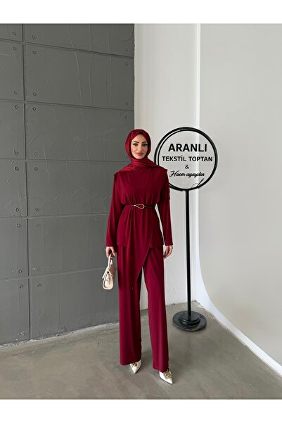 Aranlı tekstil Asimetrik Parçalı Kuşaklı Sandy İkili Takım