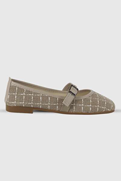 Beshora Ester Dark Beige Tweed Fabric Belt Detail Oval Toe Women's Ballerinas