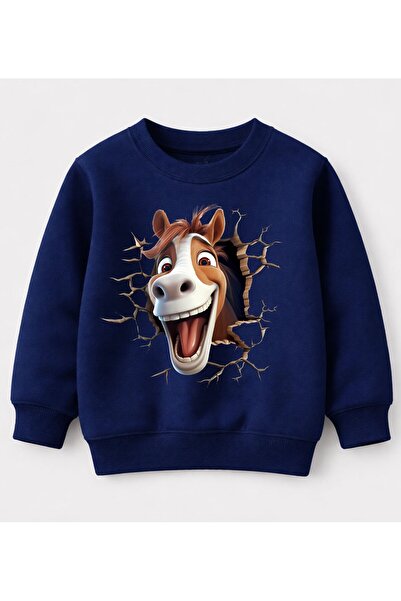 Efendioğlu Design Sweatshirt 3D Printed Smiley Horse Image Printed Cotton 3 T...