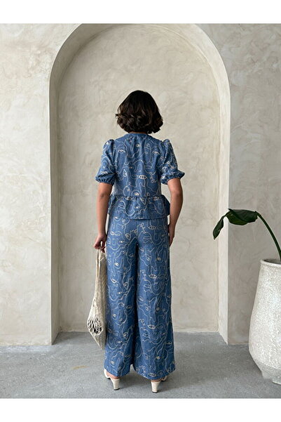 Caddebostan Moda Front Tie Embroidered Peplum Blouse Balloon Sleeve Patterned...