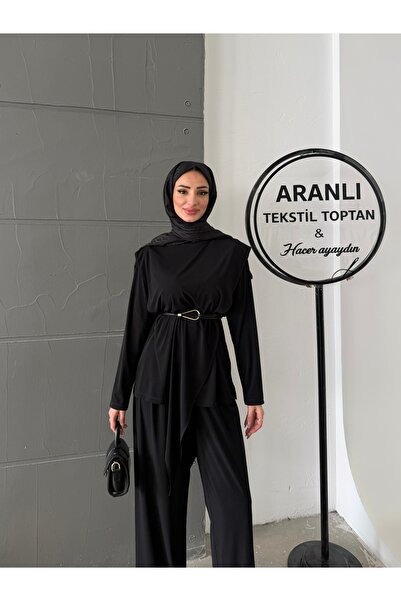 Aranlı tekstil Asimetrik Parçalı Kuşaklı Sandy İkili Takım