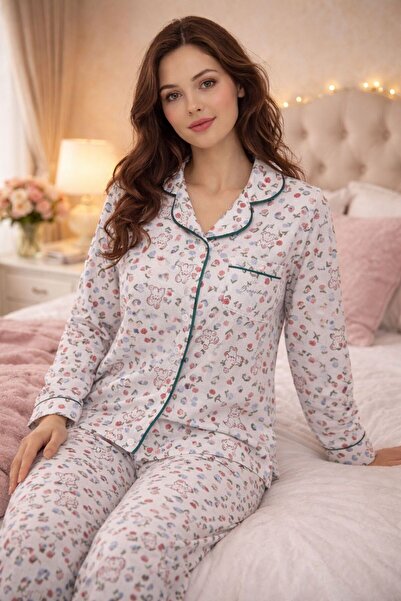cdh çeyize dair herşey Lovely Bear Floral Patterned Ribbed Women's Pajama Set