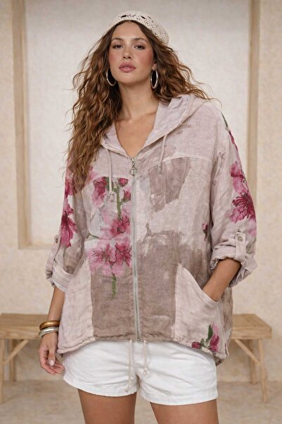 CES.İZ İtalyan Ham Keten Yıkamalı Kapüşonlu Oversize Ceket Fermuarlı Standart...