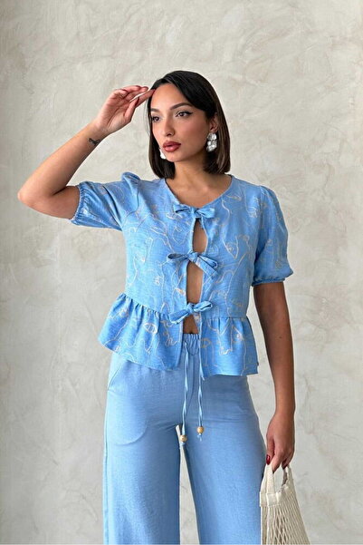 Caddebostan Moda Front Tie Embroidered Peplum Blouse Balloon Sleeve Patterned...