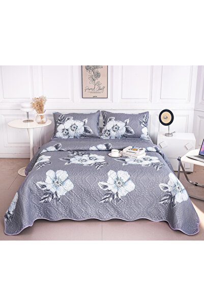FIONNA.RO Double-Sided Quilted Cotton Blanket - Flowers in Shades of Gray