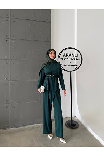 Aranlı tekstil Asimetrik Parçalı Kuşaklı Sandy İkili Takım