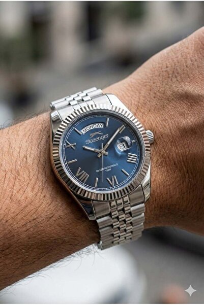 Slazenger Roman Numeral Men's Wristwatch |   41mm, Steel Band, Navy Blue Dial...