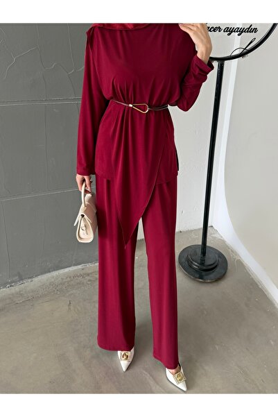 hacer ayaydın Asymmetrical Segmented Belted Sandy Double Set