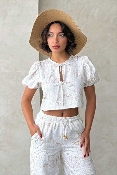 VERYMODA Bluză brodată cu legătură în față - Crem |   Gml2790