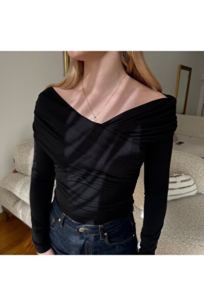 MareandCo Kruvaze Dırapeli Kayık Yaka Uzun Kollu Bluz