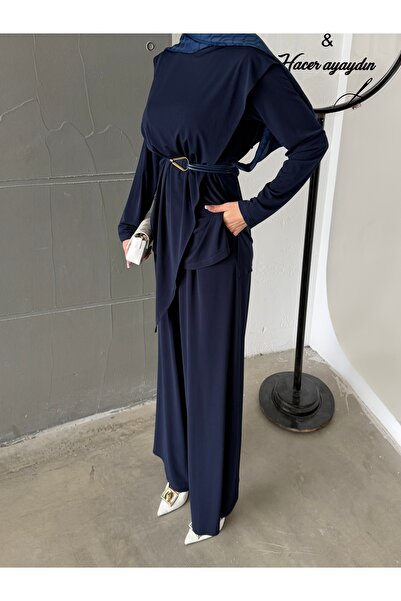 Aranlı tekstil Asymmetrical Segmented Belted Sandy Double Set