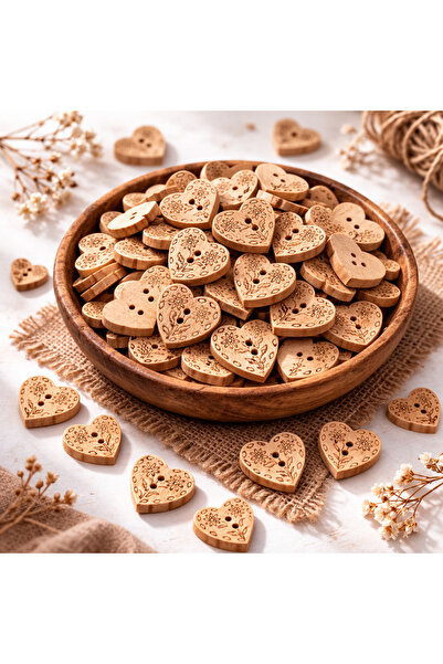 iğne izi 12 mm Ahşap Kalp Düğme 50 Adet – Desenli Doğal Ahşap Dikiş Düğmesi