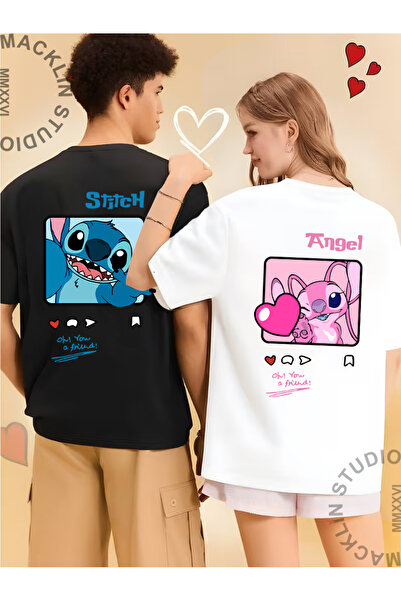 darkopia Tricou oversize unisex cu imprimeu Stitch și Angel, design combinat ...